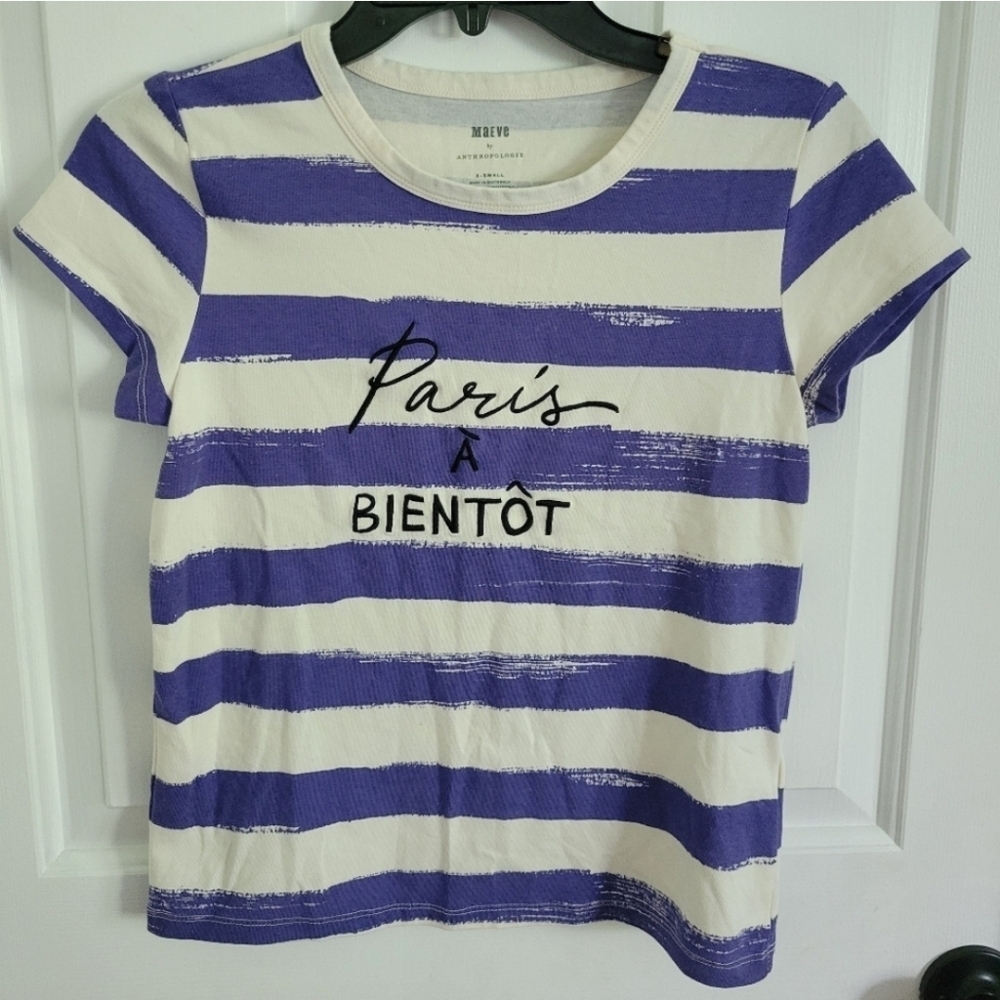 Maeve Anthropologie Women's Blue White Striped Paris Grahic Tee Size XS